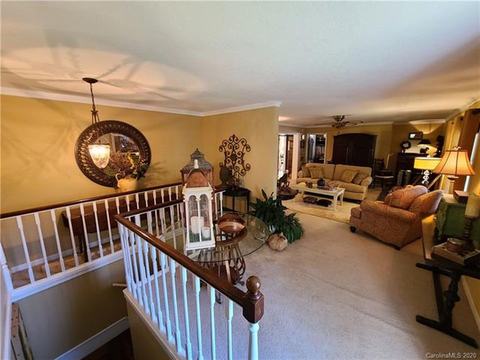 Carpeted living area with crown molding, next to the open stair railing down to the lower level.