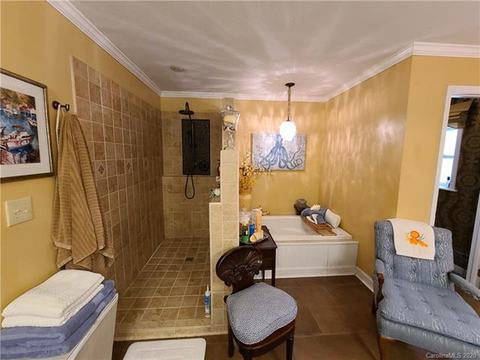 Bathroom with a tiled walk-in shower and a separate tub.